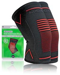aZengear Knästödsstöd (par) – Kompression knästrumpa för ledsmärta, ligamentskada, menisk slitage, artrit, ACL, MCL, löpning, tyngdlyftning, knäböj (Röd, L)