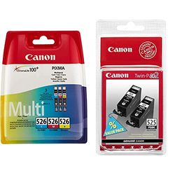 Canon CLI-526 Cartouche C/M/Y Multipack Cyan, Magenta, Jaune (Multipack Plastique sécurisé) & PGI-525 Cartouches BK Noires Pack de 2 (Emballage Plastique)