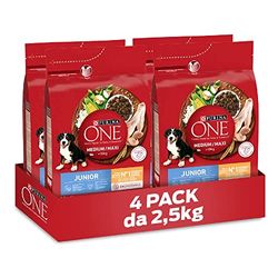 Purina One Medium/Maxi > 10 kg Junior Crocchette Cane Pollo con Riso, 4 Confezioni da 2.5 kg