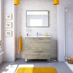 Dmora - Meuble de comptoir Hayward, Armoire de toilette, Armoire avec 2 tiroirs et miroir, évier non inclus, cm 80x45h80, Chêne