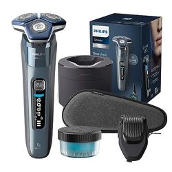 Philips Serie 7000 Afeitadora Eléctrica Hombre, Maquina de Afeitar Barba con Cortapatillas, Barbero, Tecnología SkinIQ, Inalambrica, Recargable, Centro de Limpieza, Base Carga, Funda, S7882/54, Azul