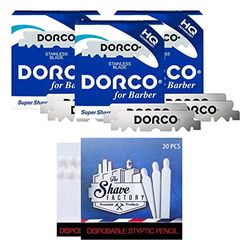 Dorco Lamette 3x100 Stainless Steel Single Edge Razor Blades + 20 Fiammiferi Emostatici Shave Factory