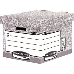 10 BANKERS BOX System Heavy Duty R-Kive Large Storage Box with Lids - Cardboard Storage Box with Lids for Office Storage - Archive Boxes with Handles - W33.3 x H28.5 x D39cm (Pack of 10) - Grey