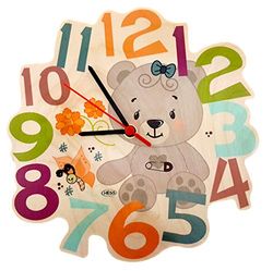 Hess houten speelgoed 30012 - wandklok van hout voor kinderen, beer natuur, met kwartsuurwerk, ca. 24 cm