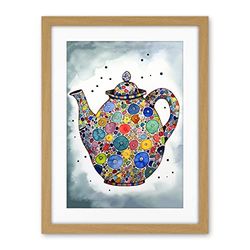 Artery8 Colourful Teapot Folk Art Kitchen Artwork Framed Wall Art Print 18X24 Inch