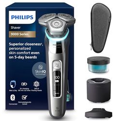 Philips Shaver S9000 – Elektrischer NASS-& Trockenrasierer für Männer, Dunkelchrom, Lift & Cut System, SkinIQ Technologie, Barttrimmer, Reinigungsstation, Ladestation & Reiseetui (Modell S9974/55)