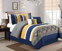 Chezmoi Collection Arden sängklädesset, 7 delar, modern, veckade, randiga, broderade, sicksack sängklädesset, (king size, marinblå/grå/gul/vit)
