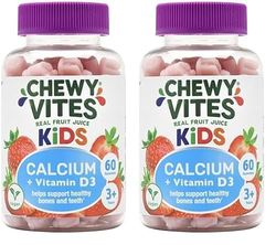 Chewy Vites Kids Calcium and Vitamin D3, 60 Kids Calcium Gummies, Help Support Healthy Bones and Teeth, 2 Months Supply, Real Fruit Juice, Vegan, Age 3 +, Strawberry Flavour (Pack of 2)