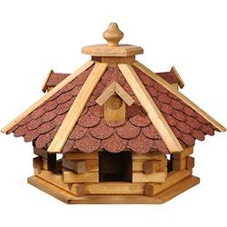 dobar® 98710e Vogelvoederhuisje Bitumen schingingingle dak 6-hoekig - vogelhuis van massief hout - vogelvoederstation met voedersilo - 6-hoekige vogelvilla - 51 x 45 x 37 cm - rood