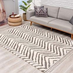 Carpet City Tapis à Poils Longs Shaggy Moderne en crème/Gris Super Doux avec Motif Chevron pour Le Salon Dimensions 120/160 cm 120 x 160 cm