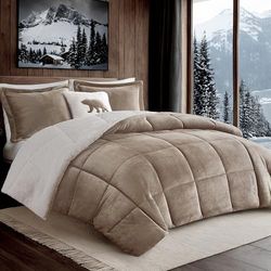 WOOLRICH Parure de lit Chaude en Duvet Alternatif pour Temps Froid, Polyester, Taupe/Ivoire, très Grand lit