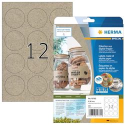HERMA 10762 Etiquetas universales de papel de hierba redondas, 20 hojas, diámetro de 60 mm, 12 hojas por A4, 240 unidades, autoadhesivas, imprimibles, mate, en blanco, de papel silphie, marrón natural