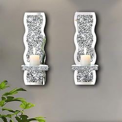 ZOLAPI Set of 2 Crystal Crush Diamond Candle Sconces, Gorgeous Silver Mirrored Wall Sconce, Wave Pattern Irregular Candle Holder Glass Wall Decorations for Home Décor, Living Room, Dining Room.
