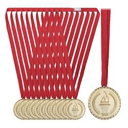 Relaxdays Medallas Oro Niños Cinta Roja, Set 12, Ø 5 cm, Plástico, Cumpleaños Infantil, Distinción Competencias, Dorado