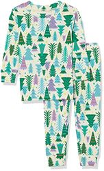Amazon Essentials unisex småbarn tät passform bomullspyjamas nattkläder set, Ecru festligt träd, X-Small