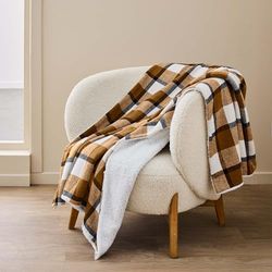 Douceur d'Intérieur, Plaid (125 x 150 cm) Ecossais Camel, Tartan et Sherpa