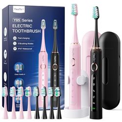 Brosse À Dent Électrique Soniques Adultes - Lot De 2 Brosse A Dent Sonique avec 10 Têtes de Brosse et Étui de Voyage, 5 Modes, Étanche IPX7, Brosse A Dent Electrique, Noir et Rose