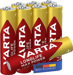 Varta Pilha Longlife Max Power AAA Micro LR03 (embalagem de 8 unidades), pilhas alcalinas - "Made in Germany" - Adequado para brinquedos e aparelhos de uso quotidiano