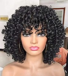ANNIVIA Perruque afro bouclée avec frange pour femme - Perruque courte bouclée pour femme - Synthétique résistante à la chaleur - Courte perruque afro (noir)