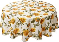 Violet Linen Classic Euro Sunflower Tablecloth with Large Sunflowers Design, 60 Inches Round