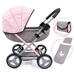 Bayer Design 12733AA Cosy poppenwagen met kussen, deken, tas, Babypop Wandelwagen, roze, grijs