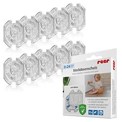 Reer Protección para enchufes – El original del inventor seguro para niños, 10 unidades, para pegar, probado intensamente, transparente