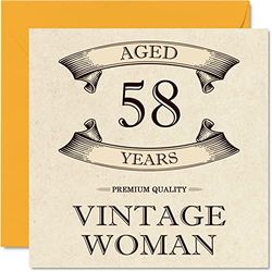 Biglietto di auguri vintage per il 58° compleanno da donna, per 58 anni, divertente biglietto di compleanno per mamma, sorella, moglie, fidanzata, nonna, zia, 145 mm x 145 mm, biglietto di auguri per