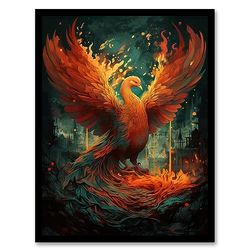 Artery8 Majestic Phoenix Bird Concept Painting Blue Orange Red Mythical Creature Rising from the Ashes Spreading Fire Wings Vibrant Portrait Art Print Framed Poster Wall Decor 12x16 inch