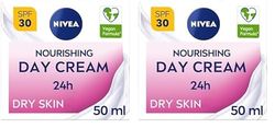 NIVEA 24h ​Nourishing Day Cream Moisturiser SPF30 (50ml), Hydrating Face Moisturiser with Factor 30 Sun Protection, Daily Face Cream for Dry Skin, Skincare Essential (Pack of 2)