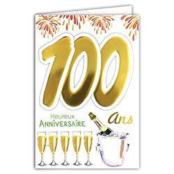 MV 69-2046 Age 100 Birthday Card Man Woman Design Bottle Champagne Flutes Fireworks