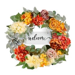 VEVOR Corona Decorativa Artificial, Rojo, Naranja y Amarillo, Decorada con Hortensias, Rosas, Letrero de Madera, Corona para Todo el Año para Todas Las Estaciones, Decoración de Festivales, Paredes