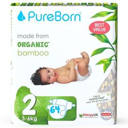 PureBorn Eco Organic Bambusowe pieluchy, Rozmiar 2 (3-6 kg), 64 sztuki, Hipoalergiczne, Ultra miękkie, Ekologiczne, Różne Nadruki, Wskaźnik Wilgotności