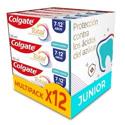 Colgate Total Junior dentifricio per bambini, confezione da 12 pezzi x 50 ml, protezione completa, dentale contenente fluoro, protezione anticarie, ingredienti antibatterici, prodotto riciclabile