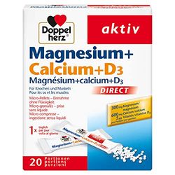 Doppelherz Magnésium + Calcium + D3 Direct – Micro-granulés associant – Le magnésium soutient une fonction musculaire normale – 20 sachets