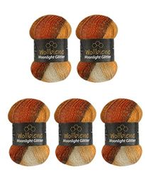 Wollbiene Moonlight Glitter Batik Simli, 5 gomitoli di lana da 100 g, 500 g, per lavorare a maglia e all'uncinetto, 20% lana metallica, lana turca, sfumata di colore (2800 marrone, terracotta, beige)