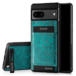 SURAZO Premium äkta läder-bakfodral för Google Pixel 7 5G fodral – stötsäkert läder mobiltelefonfodral med [kortfack, stativfunktion, nyckelring, blommigt smalt skyddsskal (ornament turkos)