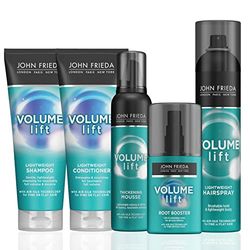 John Frieda Volume 70’s Blow Out Bundle Volumising Lightweight Shampoo, Conditioner, Root Booster, Mousse & Hairspray for Fine Hair for a Bouncy, Volumised, Touchably Full Look