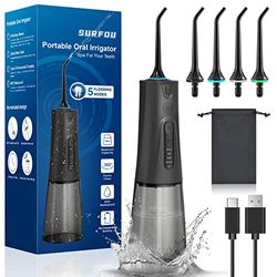 SURFOU Hydropulseur buccal sans fil 230 ml 5 modes 7 buses Irrigateurs buccaux de voyage IPX7 Étanche USB Type-C Rechargeable pour voyage et maison