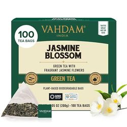 VAHDAM, Tè Verde al Gelsomino (100 Bustine) | Medio Tenore di Caffeina | Te Verde in Foglie di Alta Quota con Fiori di Gelsomino | In Bustina Richiudibile con Chiusura Ermetica