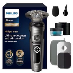 Philips S9000 Prestige, Afeitadora Eléctrica Hombre, Máquina de Afeitar Barba en Seco y Mojado con Tecnología SkinIQ, Funda Premium, Carga Qi, Recortador de Precisión, Centro de Limpieza, SP9882/36