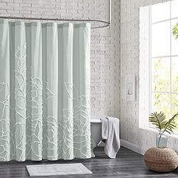 Peri Home 100% Cotton Fabric Shower Curtain for Bathroom, 72 x 72 inches, Green Chenille Rose