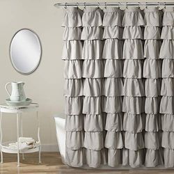 Lush Decor Ruffle Shower Curtain | Floral Textured Vintage Chic Farmhouse Style Design, Light Gray, 72" x 72"