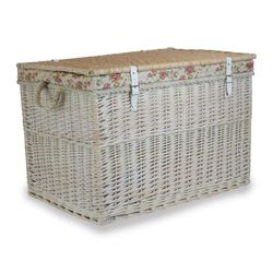 Large White Wash Storage Hamper With Garden Rose Lining Wicker Basket