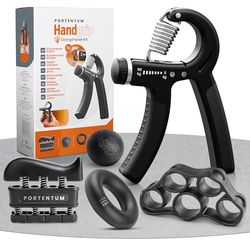 PORTENTUM Hand grip para antebrazo - Paquete de 5 piezas, fortalecedor de agarre de manos ajustable, ejercitador de manos, estiramiento de dedos, anillo y pelota anti estrés