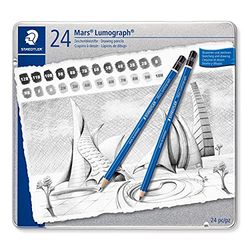 Staedtler Mars Lumograph, Crayons à papier de très haute qualité pour écriture et dessin artistique, Boîte en métal avec 24 crayons assortis 12B-10H, 100 G24