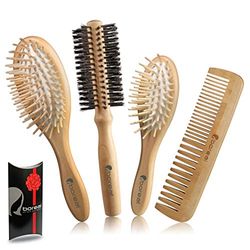 Set Spazzole in Legno Naturale: Pneumatica Grande, Pneumatica da Borsetta, Rullo Setola Diametro 54 mm, Pettine Dentatura Doppia. prodotto 100% italiano.