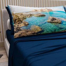 PETTI Artigiani Italiani - Cotton Sheets with Pillowcases in Digital Print, Single Sheet, Calabria Night Blue Pattern, 100% Made in Italy
