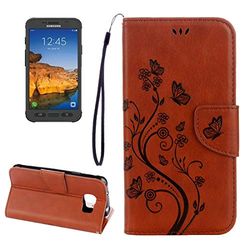 Carcasa de telefono for Galaxy S7 Active Presionado Flores Patrón de Mariposa Horizontal Flip Funda de Cuero con Soporte y Ranuras for Tarjetas y Billetera y cordón (Negro) (Color : Marrón)