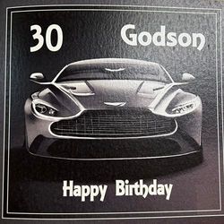 white cotton cards Godson 30 Happy Enjoy, ręcznie robiona kartka na 30. urodziny (pomarańczowy samochód sportowy)