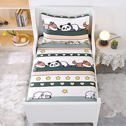 Hecnoey Juego de sábanas bajeras y Fundas de Almohada para niños (Verde (Panda), Individual)